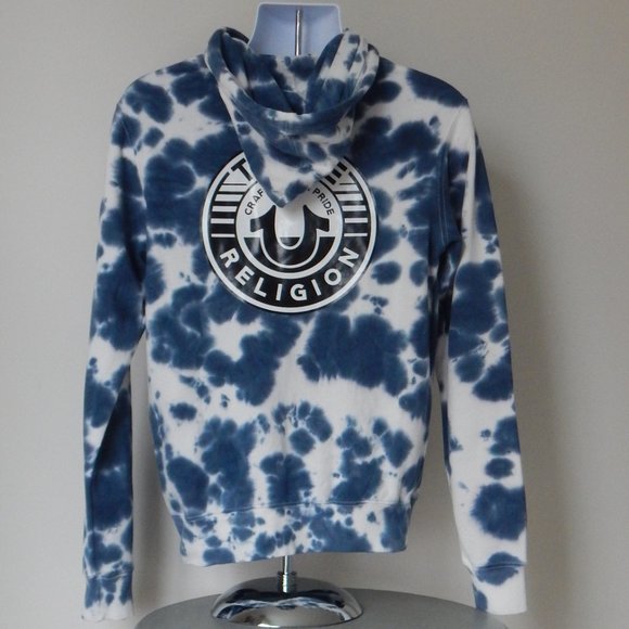 NWT MEN'S TRUE RELIGION BUDDHA TIE DYE PULLOVER HOODIE JACKET DRK BLUE WHITE - Picture 5 of 7